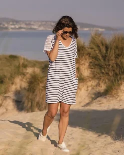 Olive übergroßes T-Shirt-Kleid aus recycelter Baumwolle - Marine Streifen