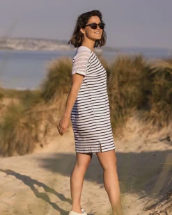 Olive übergroßes T-Shirt-Kleid aus recycelter Baumwolle - Marine Streifen