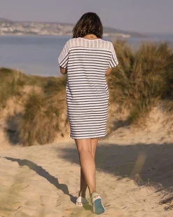 Olive übergroßes T-Shirt-Kleid aus recycelter Baumwolle - Marine Streifen