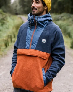 Woodland Kapuzenpullover mit 1/2 Reißverschluss aus recyceltem Polarfleece - Tiefes Marine/ Gebrannter Ton