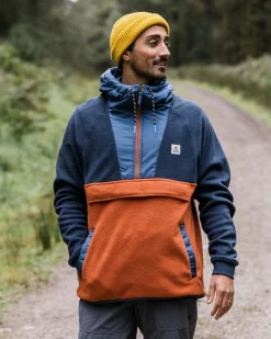Woodland Kapuzenpullover mit 1/2 Reißverschluss aus recyceltem Polarfleece - Tiefes Marine/ Gebrannter Ton